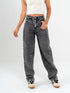 Ref: 065621 Jean barrel, rígido, tiro alto, tono gris medio, botones expuestos,  diseño cinco bolsillos