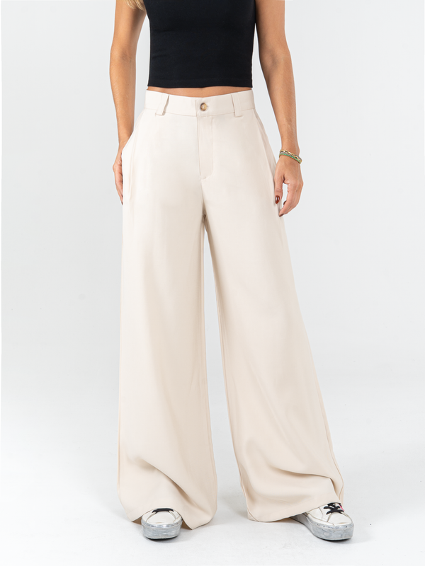 Ref: 0620005 Pantalón palazzo, prenses, tejido plano liviano, tiro alto, tono arena