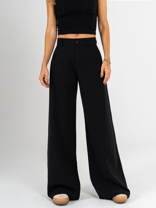 Ref: 0620013 Pantalón palazzo, prenses, tejido plano liviano, tiro alto, tono negro