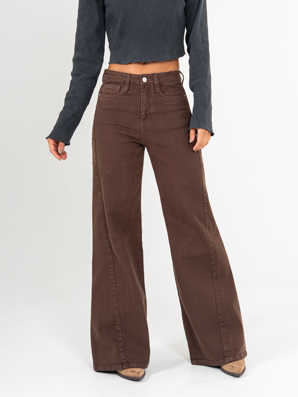 Ref: 0620019 Pantalón palazzo stretch, tiro alto, tono café.