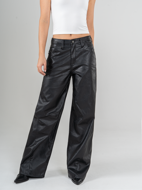 Ref: 0620130 Pantalón wide leg, rígido, tiro alto, con cortes, efecto cuero, tono negro