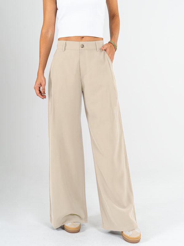 Ref: 0620150 Pantalón palazzo, prenses, tejido plano liviano, tiro alto, tono arena