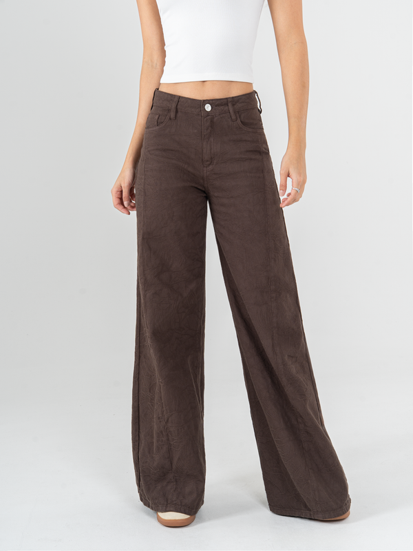 Ref: 0620164 Pantalón palazzo, tiro medio, detalle de tela bordada, rígido, tono cafe