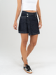 Ref: 064596 falda short, confort, tiro alto con delantero cruzado, tono azul oscuro, detalle tela denim con brillo.