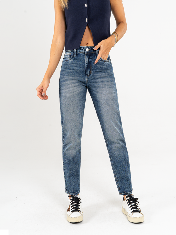 Ref: 065487 Jean Mom fit stretch, tiro alto, tono azul medio oscuro