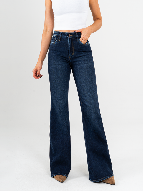 Ref: 065521 Jean flare stretch, bota ancha, tiro alto, tono azul oscuro