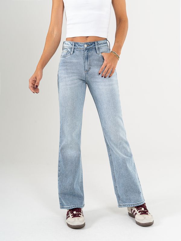 Ref: 065668 Jean semi flare, stretch, tiro alto, cropped, azul medio claro