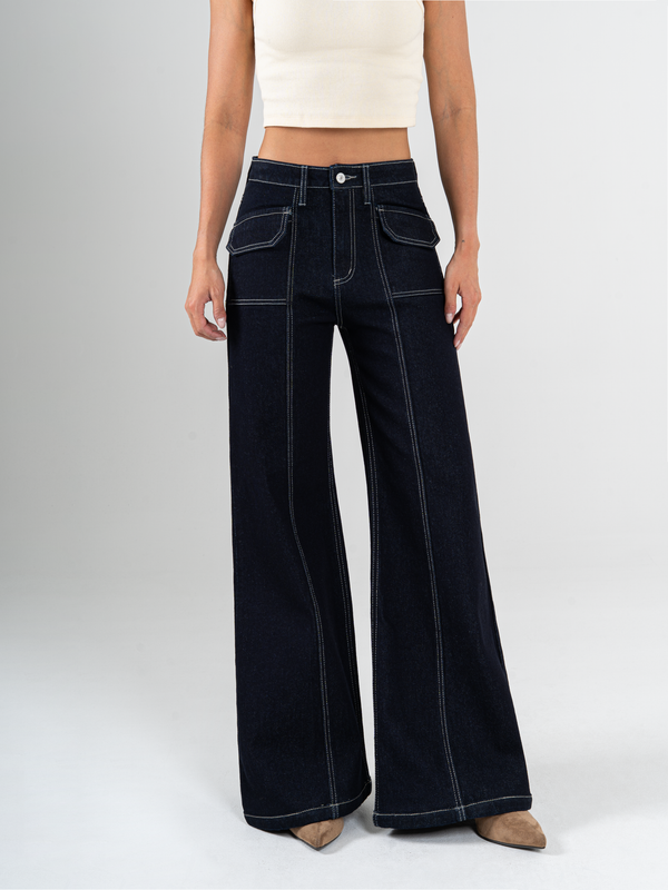 Ref: 065773 Jean palazzo, stretch, bolsillos delanteros, tiro alto, tono azul oscuro