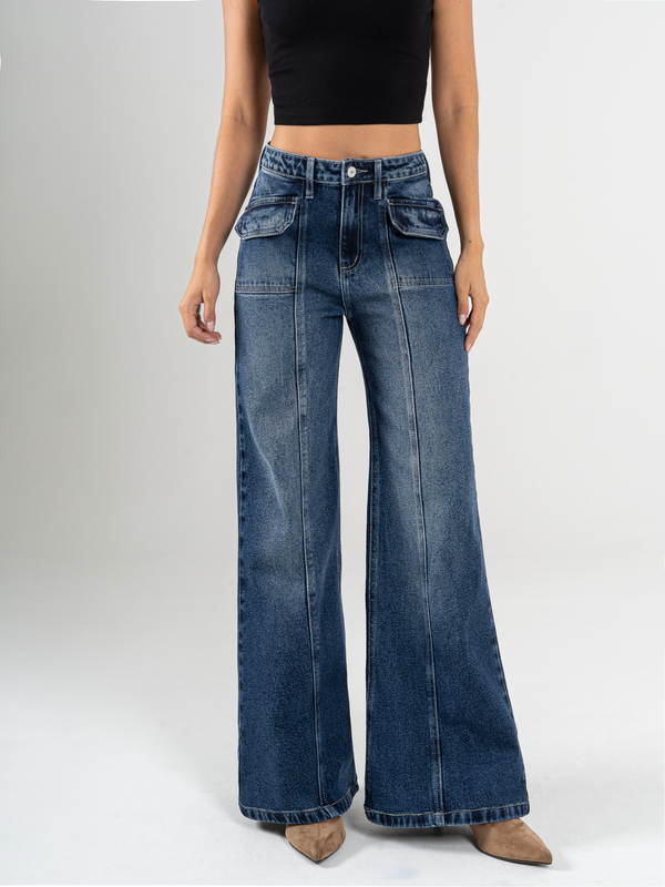 Ref: 065774 Jean palazzo, stretch, bolsillos delanteros, tiro alto, tono azul medio oscuro
