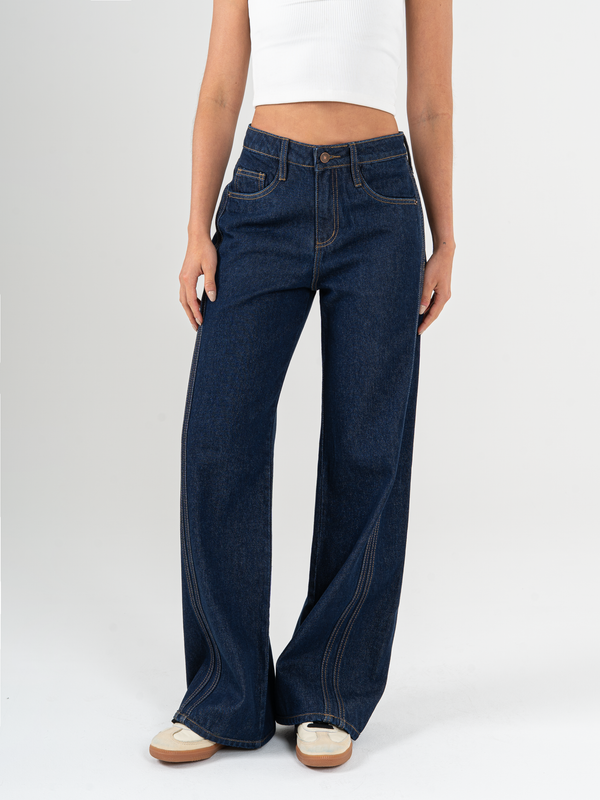 Ref: 065777 Jean wide leg, tiro medio, con cortes, rígido, tono azul oscuro