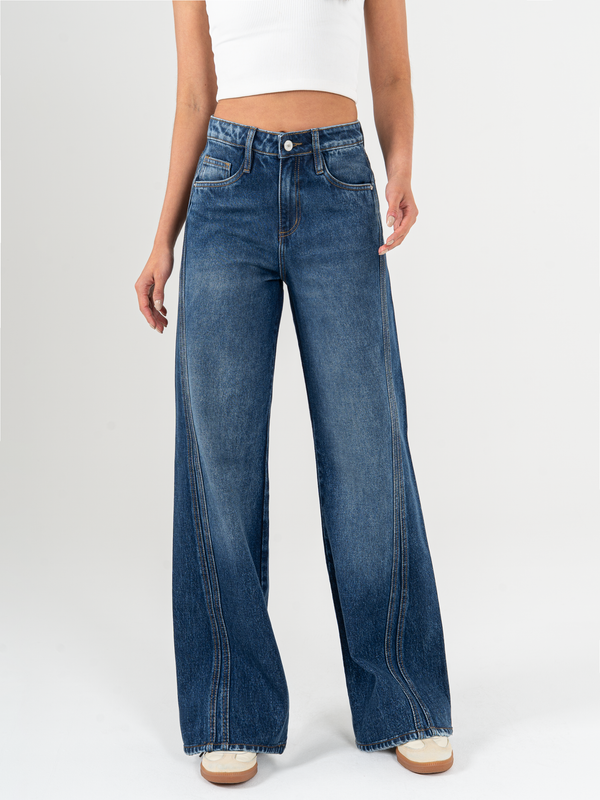 Ref: 065778 Jean wide leg, tiro medio, con cortes, rígido, tono azul medio oscuro