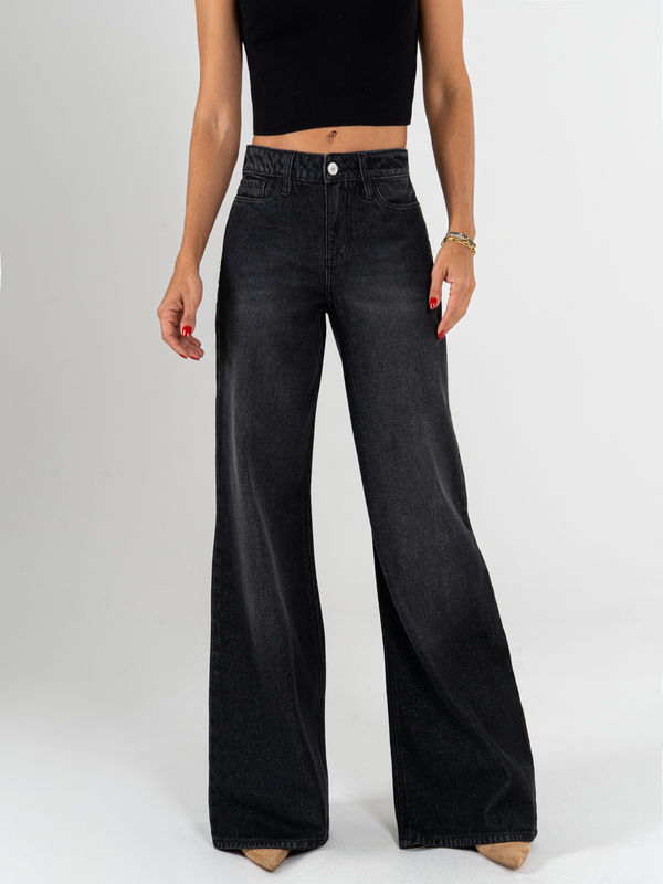 Ref: 065790 Jean palazzo, rígido, tiro alto, tono gris oscuro, cintura ajustada pierna holgada