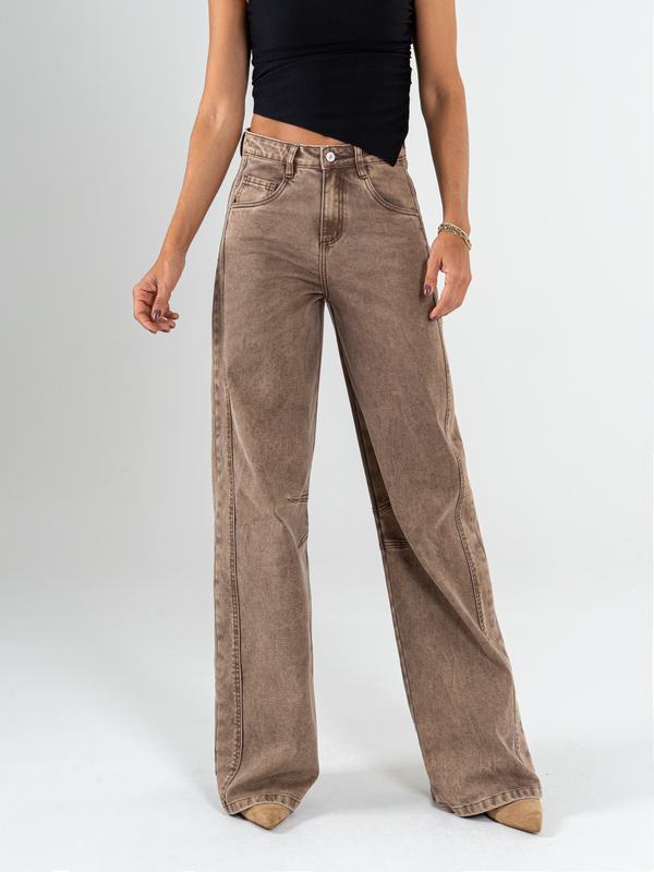 Ref: 065813 Pantalón wide leg, tiro alto, con cortes, stretch, tono café