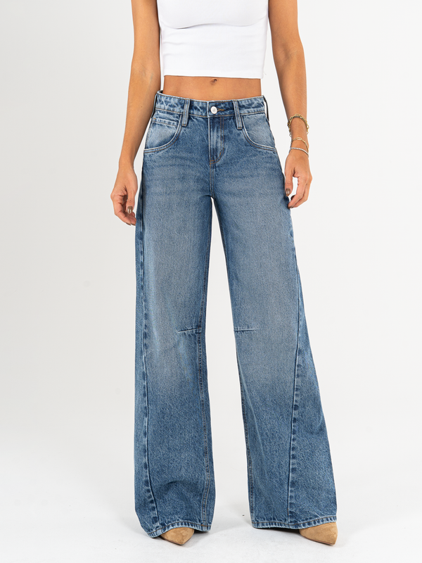 Ref: 065859 Jean wide leg, tiro alto, con cortes, rígido, tono azul oscuro