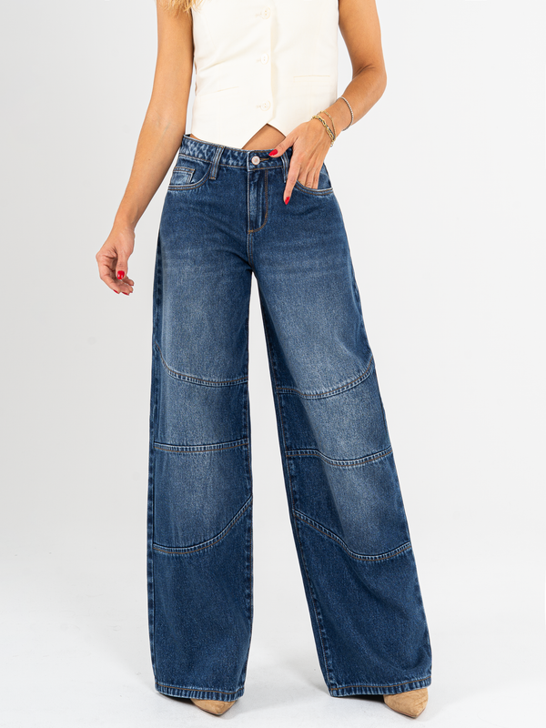 Ref: 065868 Jean wide leg, tiro alto, con cortes, rígido, tono azul oscuro