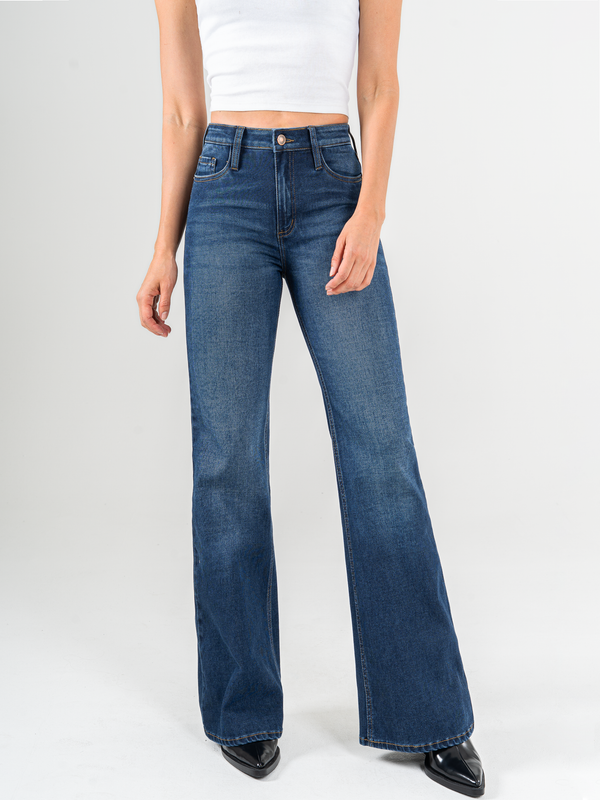 Ref: 065879 Jean flare stretch, bota ancha, tiro alto, tono azul medio oscuro