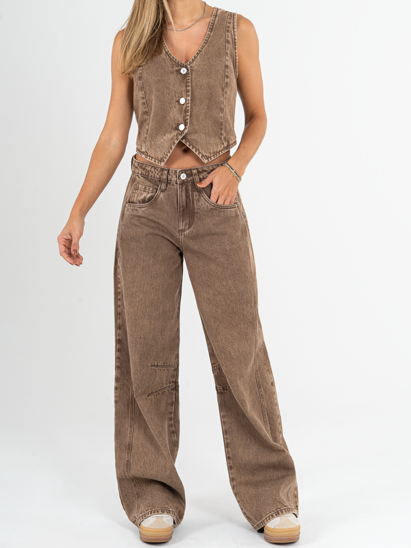 Ref: 065911 Pantalón wide leg, tiro alto, con cortes, rígido, tono cafe