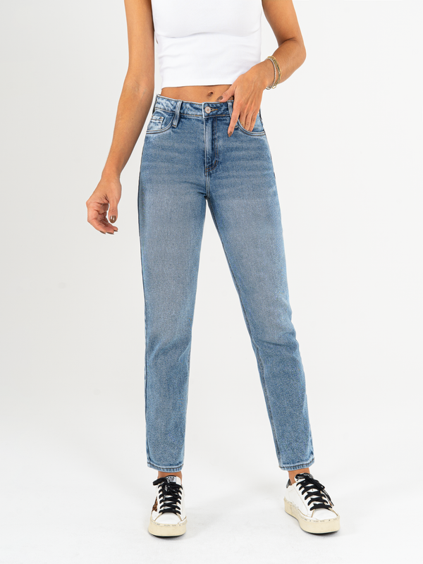Ref: 065927 Jean Mom fit, slim cropped, stretch, tiro alto, tono azul medio