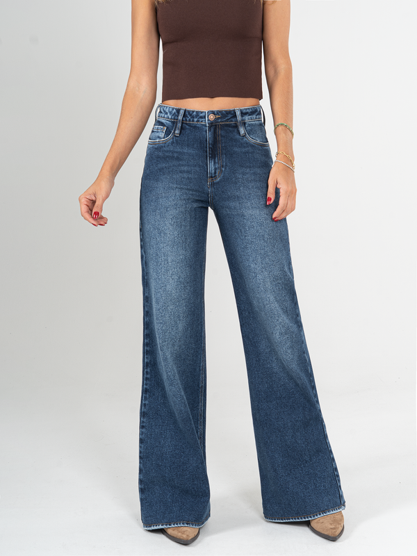 Ref: 065934 Jean palazzo, stretch, tiro alto, tono azul oscuro