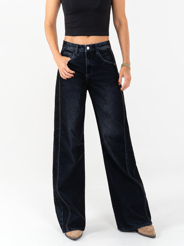 Ref: 065936 Jean wide leg, confort, denim velvet, acabado terciopelo, tiro alto, tono azul