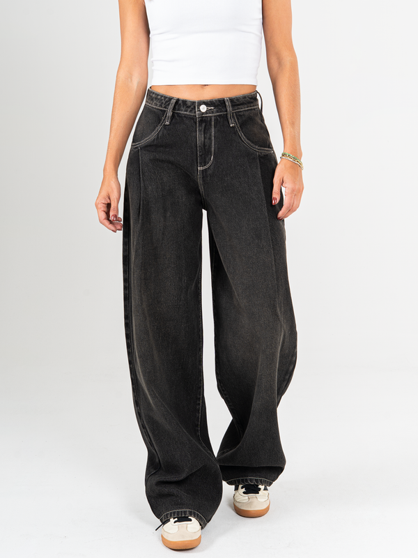 Ref: 065938 Jean wide leg, tiro alto, con cortes, rígido, tono gris oscuro