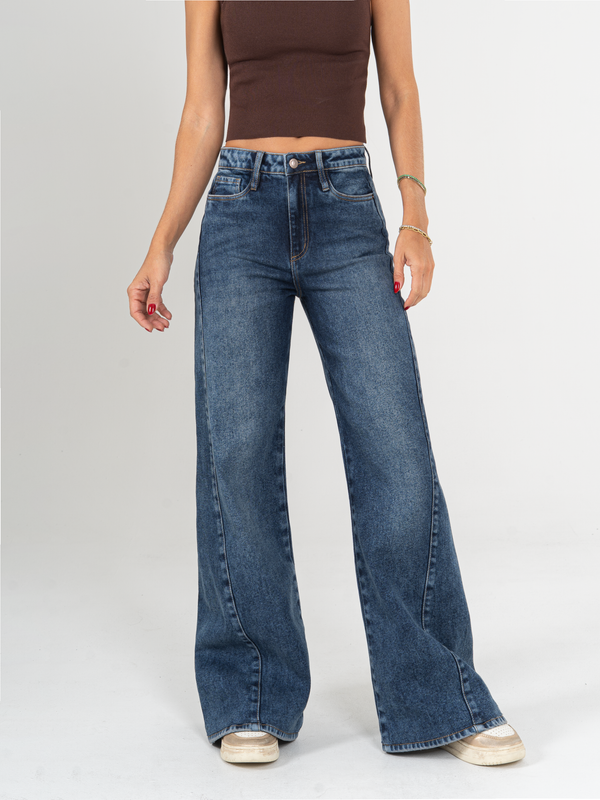 Ref: 065940 Jean palazzo, stretch, tiro alto, tono azul oscuro.