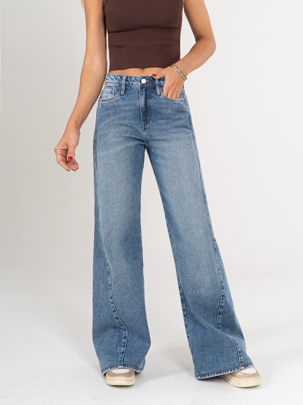 Ref: 065941 Jean palazzo, stretch, tiro alto, tono azul medio.