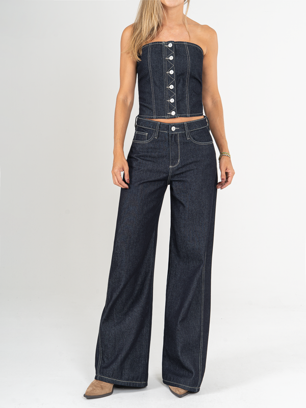 Ref: 065953 Jean wide leg, tiro medio, con cortes, rígido, tono azul oscuro.