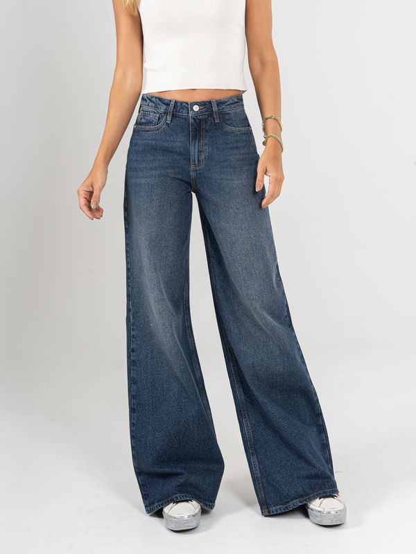 Ref: 065964 Jean palazzo, rígido, tiro alto, tono azul oscuro