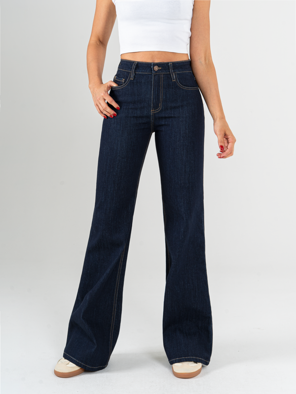 Ref: 065970 Jean flare stretch, bota ancha, tiro alto, tono azul oscuro