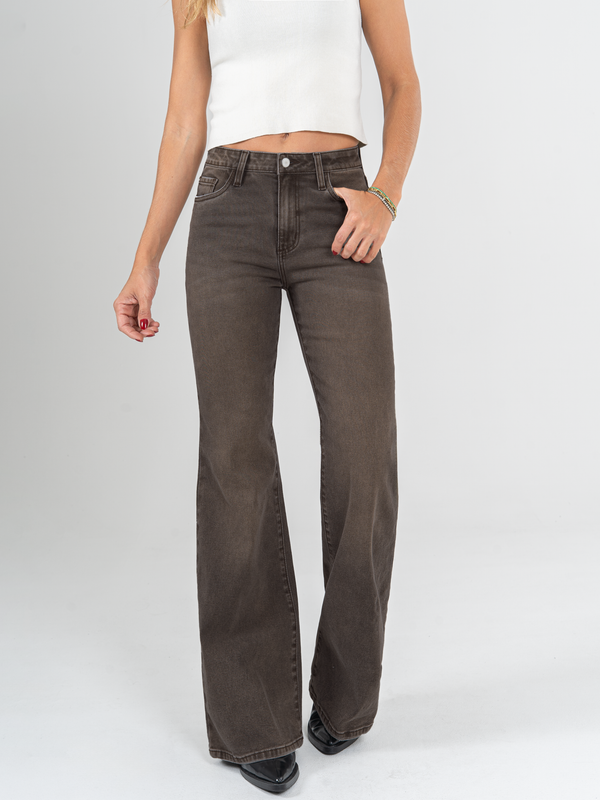 Ref: 065980 Jean flare stretch, bota ancha, tiro alto, tono cafe