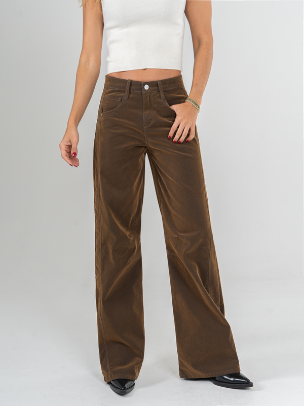 Ref: 065994 Jean wide leg , confort, denim velvet, acabado terciopelo, tiro alto, tono cafe.
