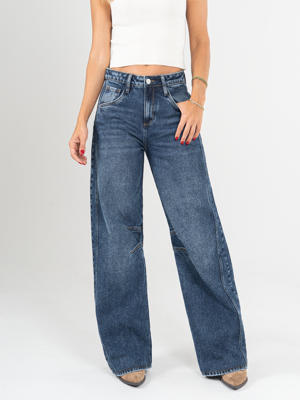 Ref: 066003 Jean wide leg, tiro alto, stretch, con cortes, tono azul oscuro.