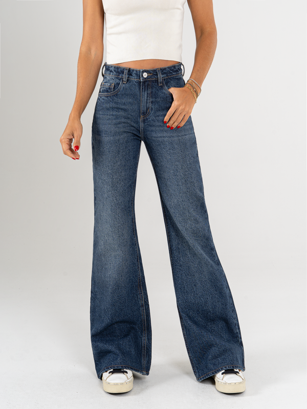 Ref: 066094 Jean mom Flare, rígido, tiro alto, tono azul oscuro
