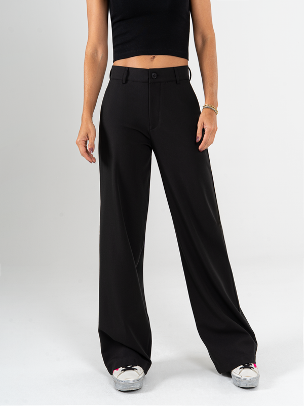 Ref: 069791 Pantalón straight leg, sin prenses, tejido plano liviano, tiro alto, stretch, tono negro
