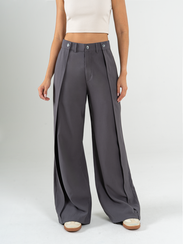 Ref: 069862 Pantalón palazzo, sobrepuesto delantero, tejido plano liviano, tiro alto, tono gris,