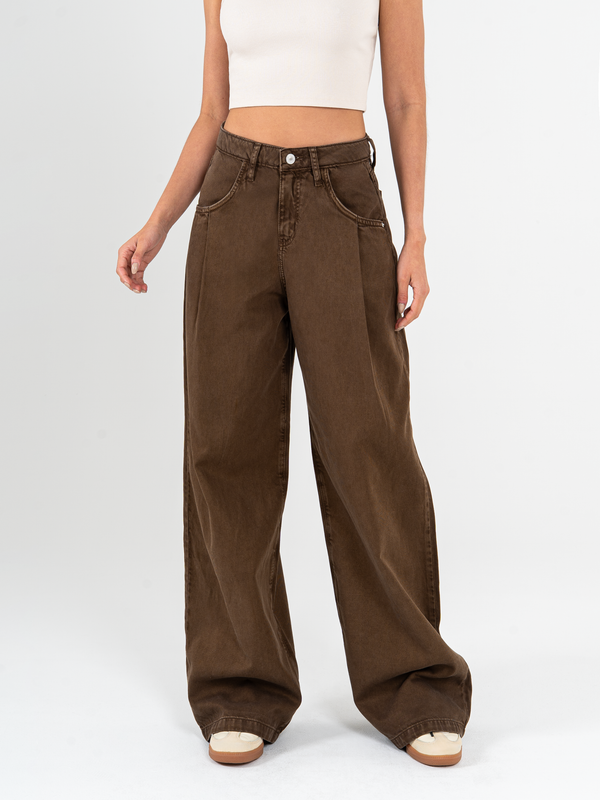 Ref: 069866 Pantalón wide leg, rígido, tiro alto, prenses, diseño cinco bolsillos, tono cafe