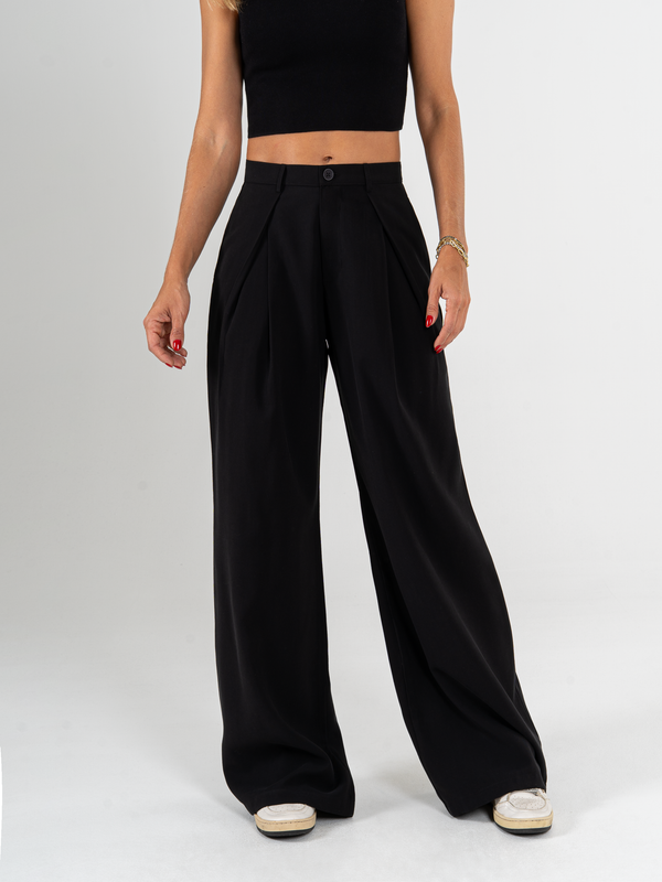 Ref: 069918 Pantalón palazo, con prenses, tejido plano liviano, tiro alto, tono negro