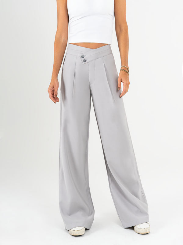Ref: 069951 Pantalón palazzo, prenses, tono gris, tejido plano liviano, tiro alto, detalle en pretina