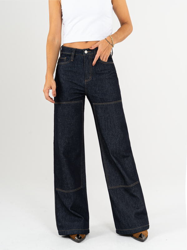 Ref: 065725 Jean wide leg, tiro alto, con cortes, rígido, tono azul oscuro