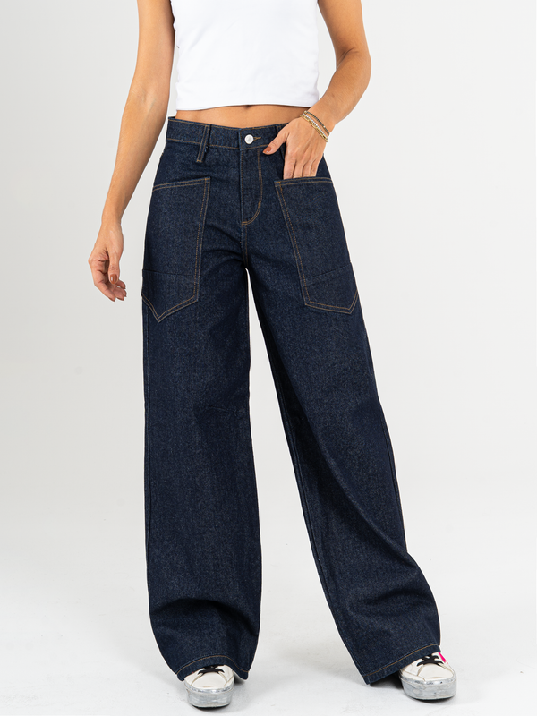 Ref: 065885 Jean wide leg, tiro alto, bolsillos delanteros, rígido, tono azul oscuro