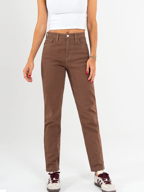 Ref: 0620027 Pantalón mom fit stretch, tiro alto, tono moca