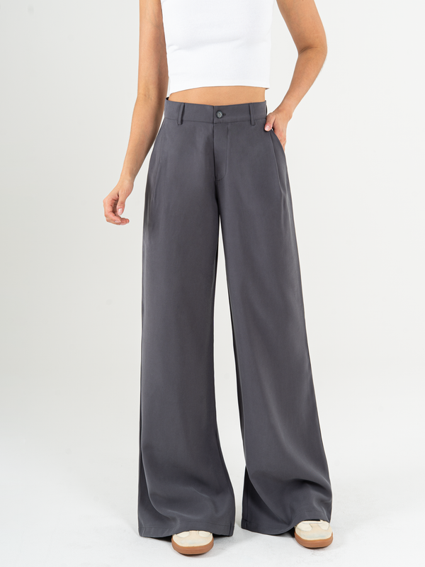 Ref: 069948 Pantalón palazzo, prenses, tono gris, tejido plano liviano, tiro alto
