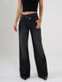 Ref: 065626 Jean Mom Flare, rígido, tiro alto,  detalle en pretina, tono gris oscuro
