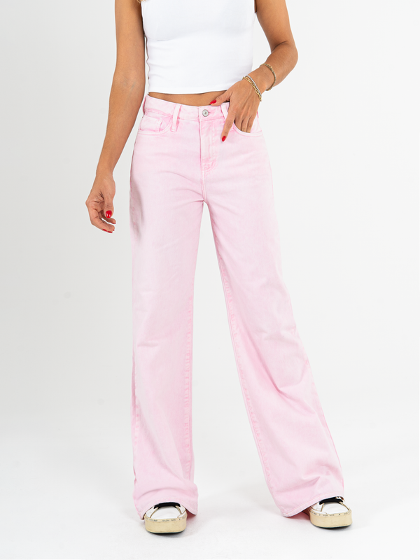 Ref: 069895 Pantalón mom Flare, rígido, tiro alto, tono rosa