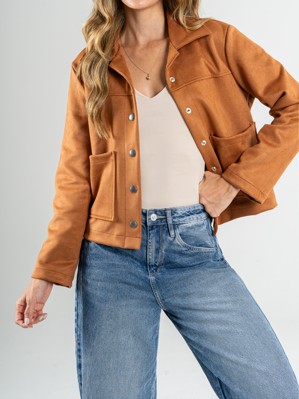 Ref: 0610481 Chaqueta efecto piel, cuello con solapa, tono cafe