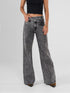 Ref: 065627 Jean Mom Flare, rígido, tiro alto,  detalle en pretina, tono gris medio