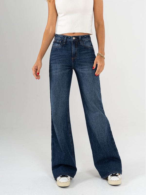 Ref: 065754 Jean mom Flare, rígido, tiro medio, tono azul oscuro