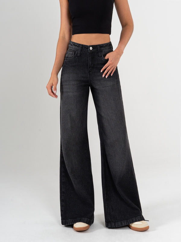 Ref: 065775 Jean palazzo, rígido, tiro medio, tono gris oscuro