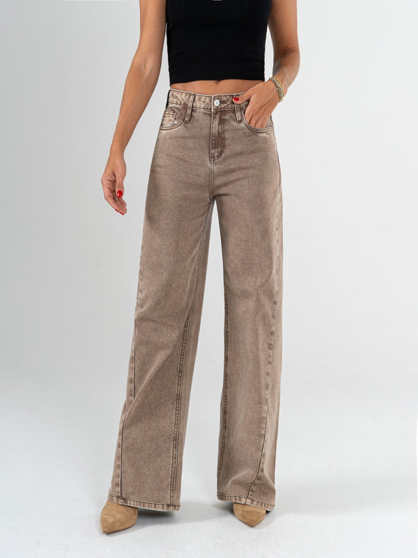 Ref: 065811 Pantalón wide leg, tiro medio, stretch, tono café